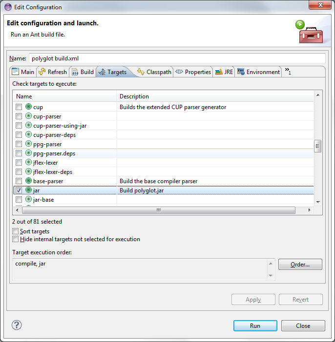 Select compile and jar as the targets